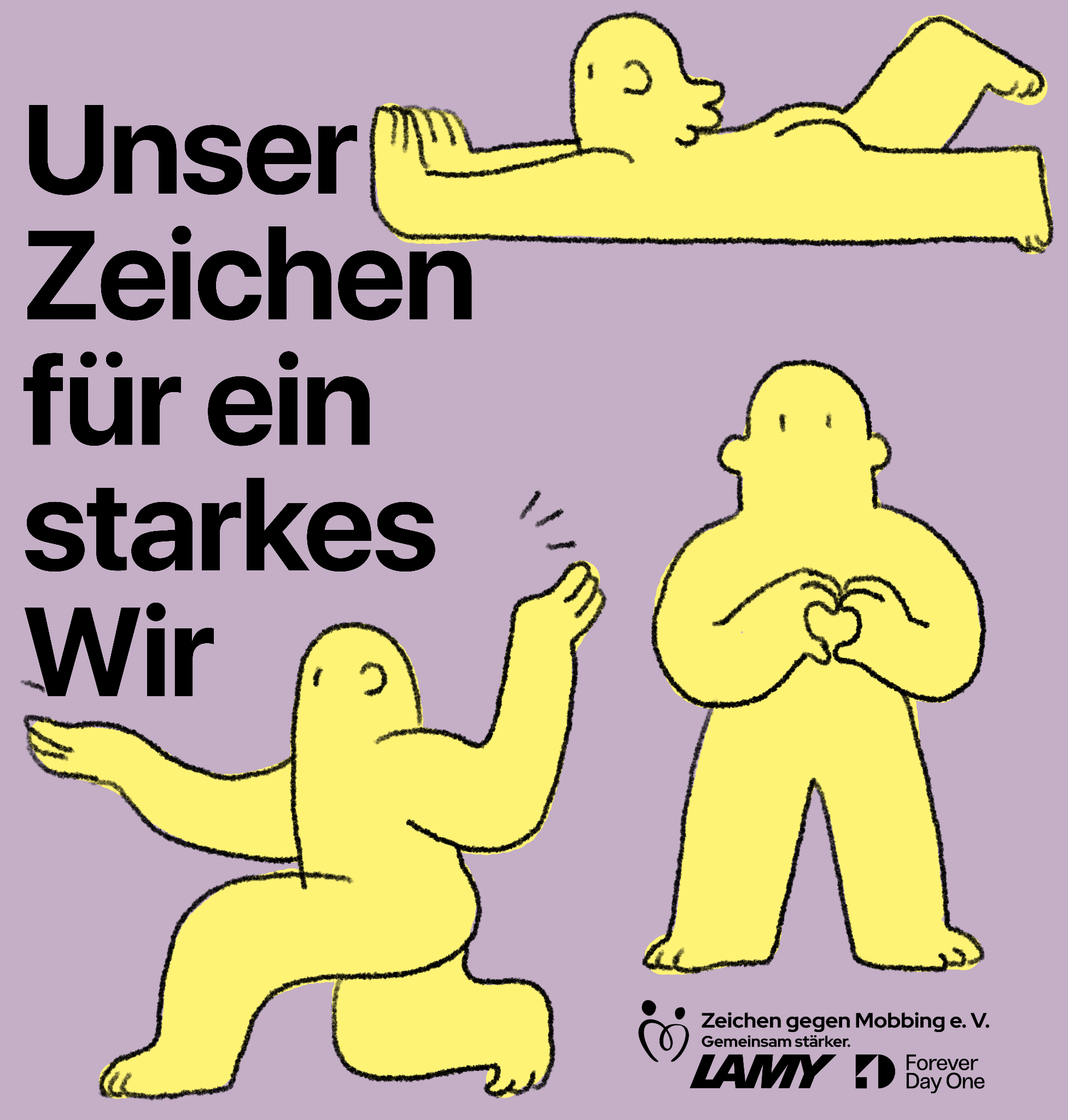 Unser Zeichen für ein starkes Wir – Illustration mit Logos von Zeichen gegen Mobbing e.V., LAMY und Forever Day One