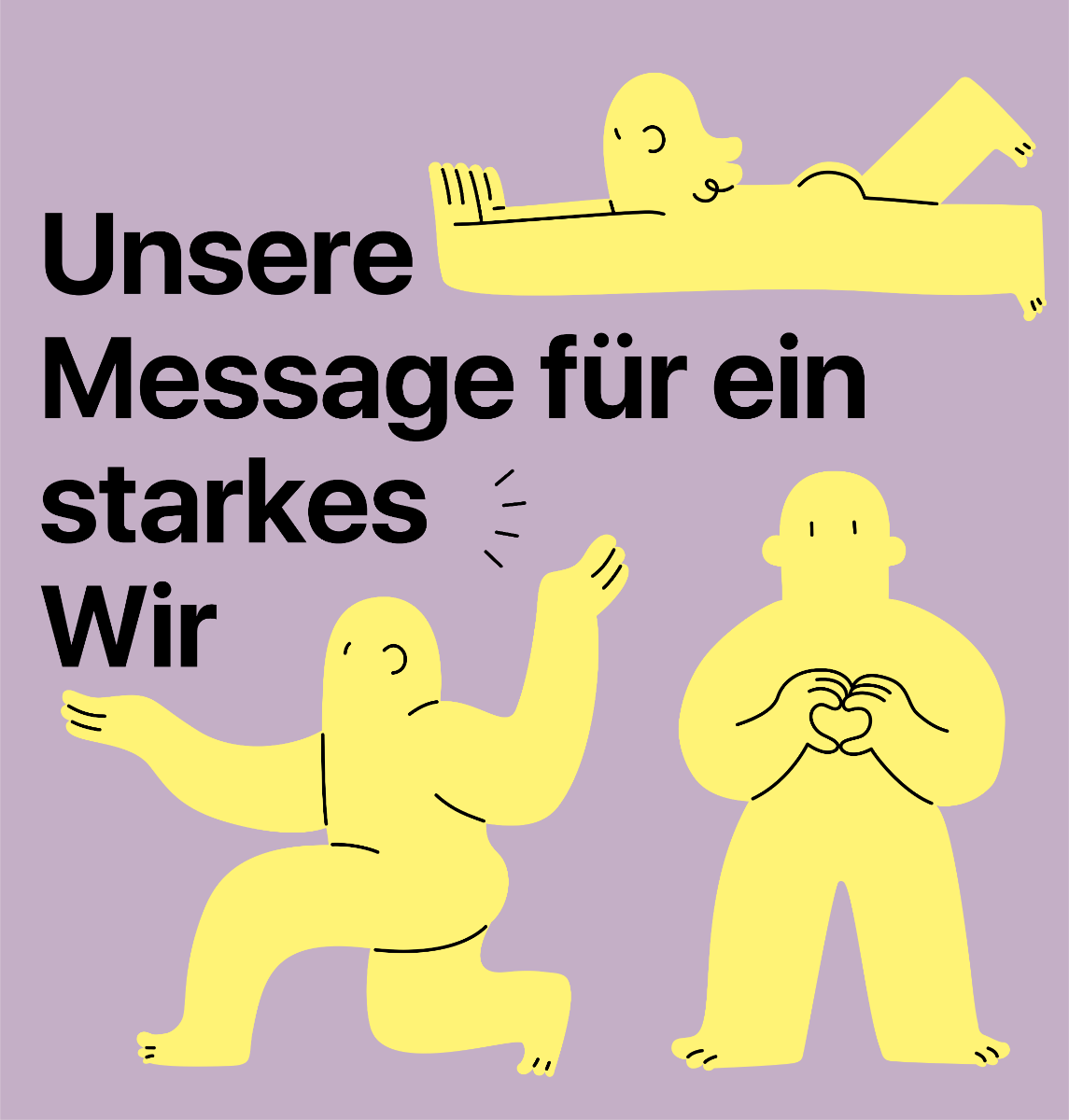 Drei gelbe Figuren, eine formt ein Herz mit den Händen